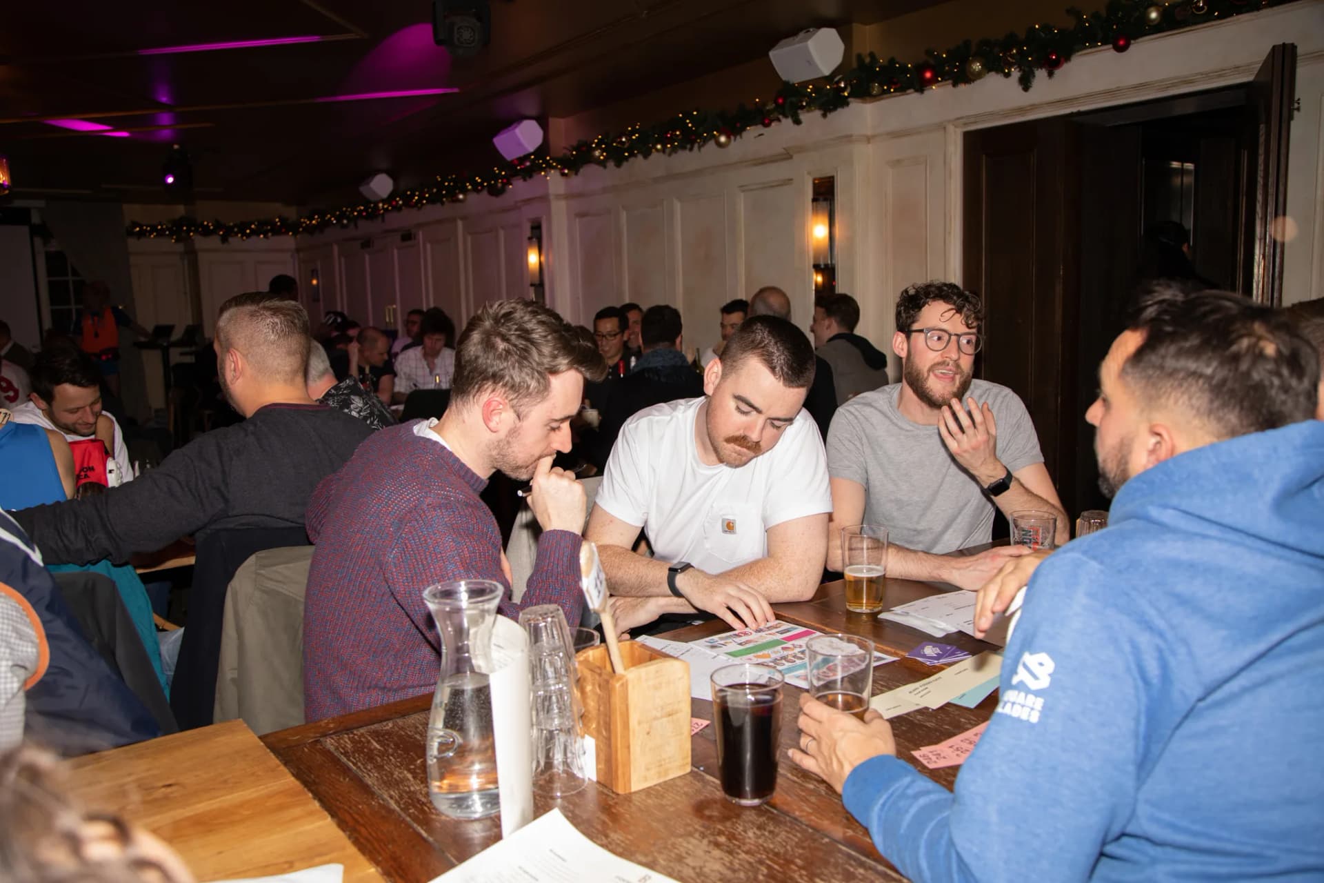Team debating an answer around the table.